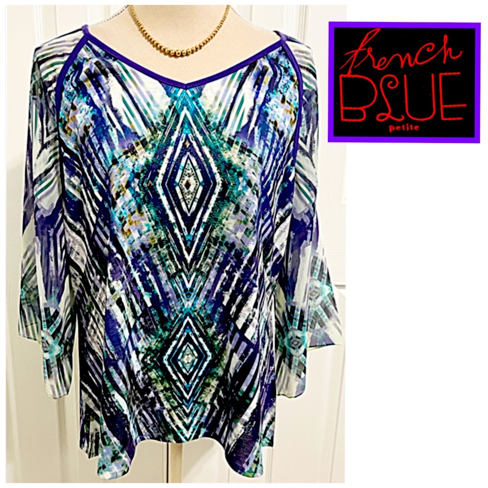 French Blue, Lined Sheer, Colorful Patterned 3/4” Sheer Sleeves Top/ Shirt